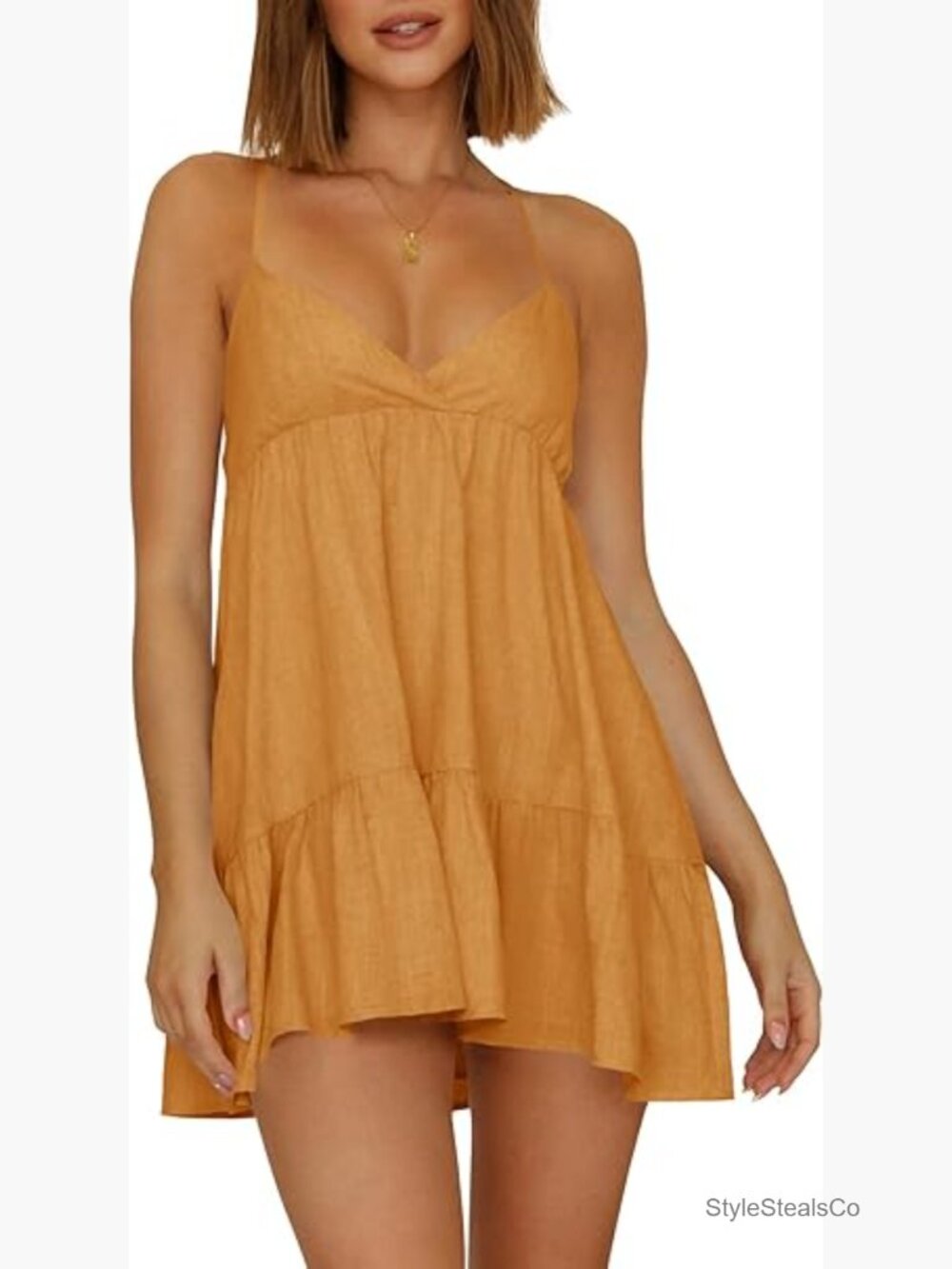 V Neck Crisscross Backless Sleeveless Ruffle Hem Flowy Swing A-Line Mini Dress